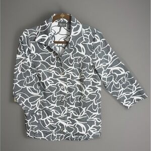 Additions By Chicos Gray White Floral Top Metallic Thread Button Open Front 3/4